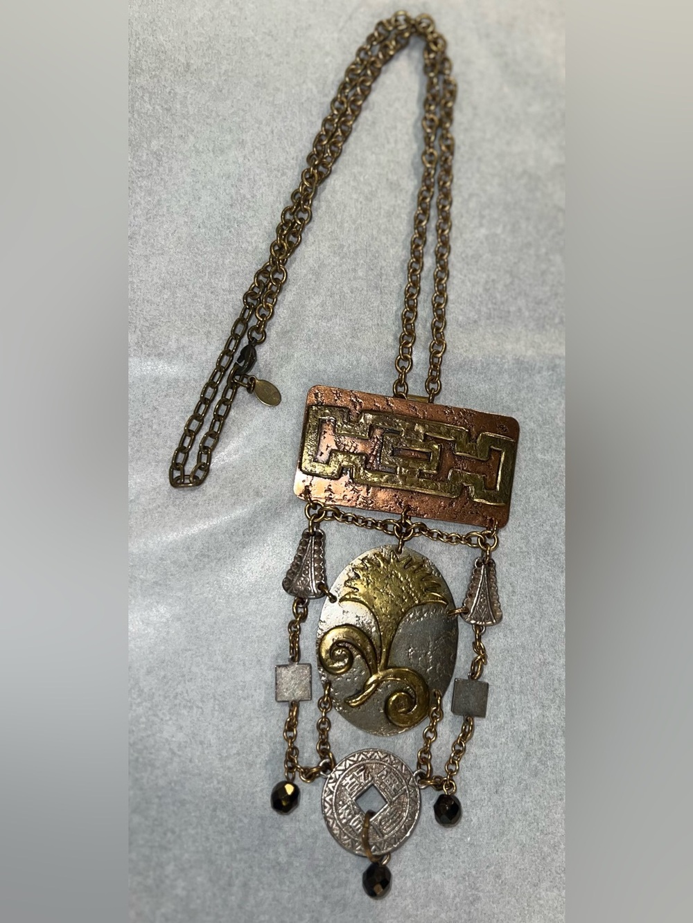 SF BAER Mixed Metal Statement Pendant Necklace Marjorie Copper Brass Asian vibe